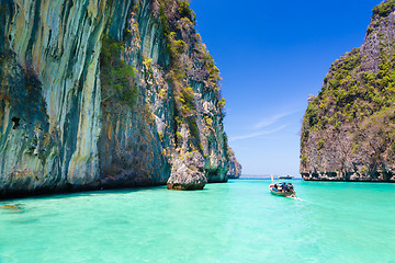 Image showing Wooden boad in Maya bay, Thailand.