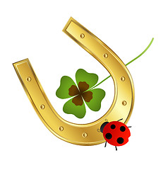 Image showing ladybird, horseshoe and shamrock leaf 