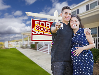 Image showing Hispanic Couple with Keys In Front of Home and Sign