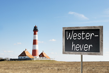Image showing Lighthouse Westerhever with chalkboard
