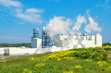 Image showing Summer landscape with the building of the modern environmental p