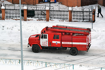 Image showing The fire truck goes on the way to Tyumen, Russia.