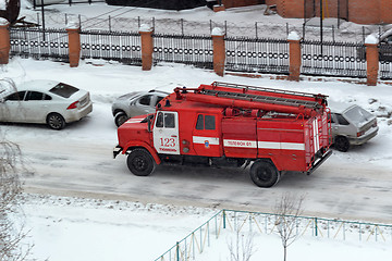 Image showing The fire truck goes on the way to Tyumen, Russia.