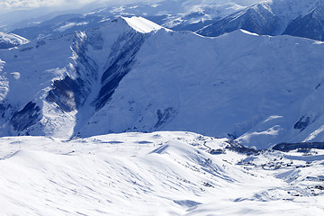 Image showing Top view on ski resort at sun day