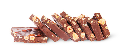 Image showing Pieces of dark chocolate stacked stairs
