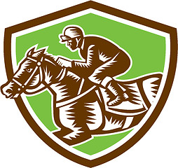 Image showing Jockey Horse Racing Shield Retro Woodcut