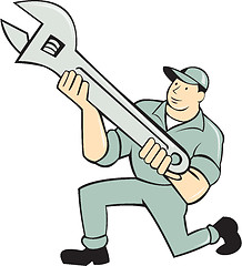Image showing Mechanic Kneeling Holding Spanner Wrench Cartoon