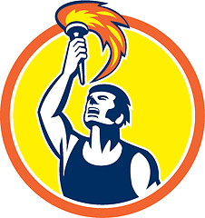 Image showing Athlete Player Raising Flaming Torch Circle Retro