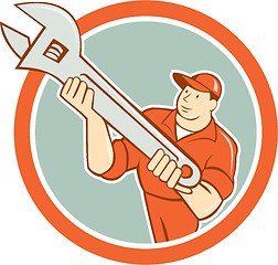 Image showing Mechanic Presenting Spanner Wrench Circle Cartoon