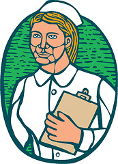 Image showing Nurse Holding Clipboard Oval Woodcut Linocut
