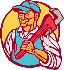 Image showing Plumber Carry Wrench Circle Woodcut Linocut