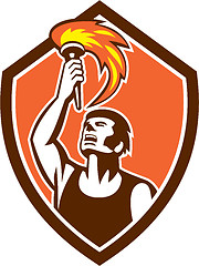 Image showing Athlete Player Raising Flaming Torch Shield Retro