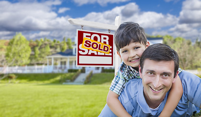 Image showing Mixed Race Father, Son Piggyback, Front of House, Sold Sign