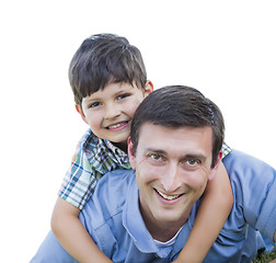 Image showing Happy Father and Son Piggyback Isolated on White