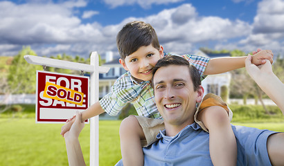 Image showing Mixed Race Father, Son Piggyback, Front of House, Sold Sign