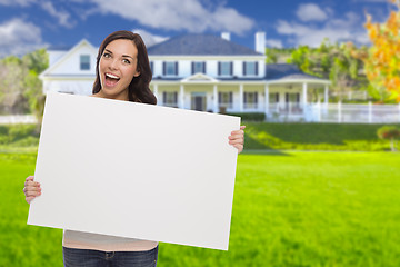 Image showing Mixed Race Female with Blank Sign In Front of House