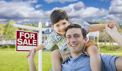 Image showing Mixed Race Father, Son Piggyback, Front of House, Sale Sign