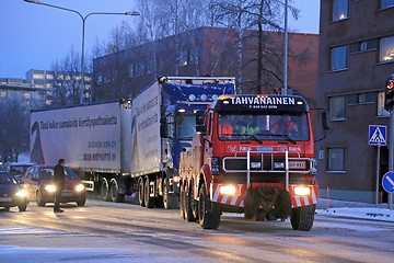 Image showing Full Trailer Truck being Towed in City