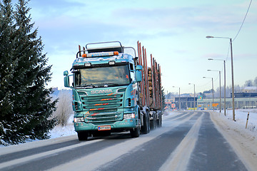 Image showing Scania R500 Logging Truck on the Road with Full Log Load