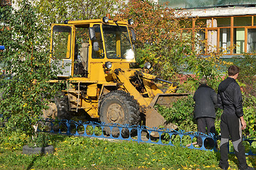 Image showing Cleaning of the cut branches of trees by means of a tractor.
