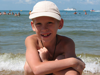 Image showing Portrait of the Russian boy on the sea coast.