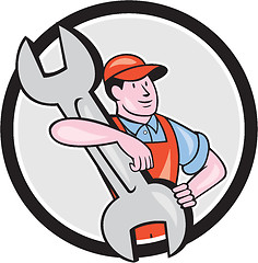 Image showing Mechanic Carry Spanner Wrench Circle Cartoon