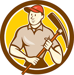 Image showing Construction Worker Holding Pickaxe Circle Cartoon