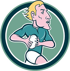 Image showing Rugby Player Running Ball Circle Cartoon