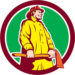 Image showing Fireman Firefighter Standing Axe Circle Retro