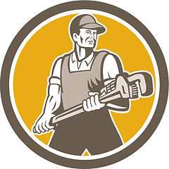 Image showing Plumber Holding Giant Wrench Retro Circle