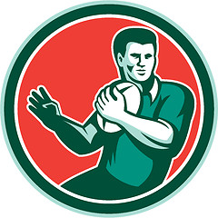 Image showing Rugby Player Ball Hand Out Circle Retro