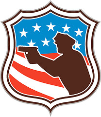 Image showing Policeman Silhouette Pointing Gun Flag Shield Retro