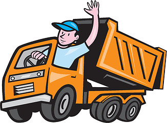 Image showing Dump Truck Driver Waving Cartoon