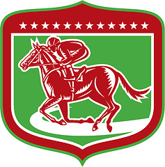 Image showing Jockey Horse Racing Side Shield Woodcut