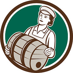 Image showing Female Bartender Carrying Keg Circle Retro