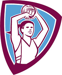 Image showing Netball Player Shooting Ball Shield Retro