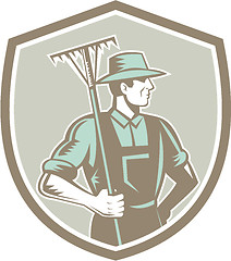 Image showing Organic Farmer Rake Shield Woodcut Retro