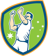 Image showing Australian Cricket Fast Bowler Bowling Ball Shield Cartoon
