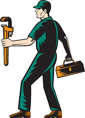 Image showing Plumber Walking Carry Toolbox Wrench Woodcut