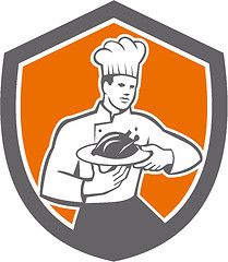 Image showing Chef Cook Serving Chicken Platter Shield Retro