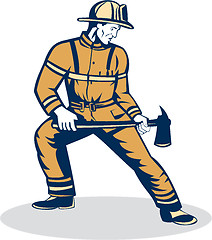 Image showing Fireman Firefighter Standing Holding Fire Axe 