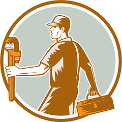 Image showing Plumber Carry Toolbox Wrench Circle Woodcut