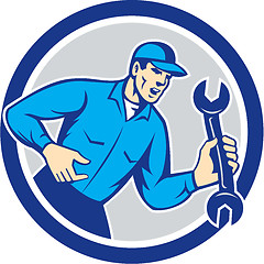 Image showing Mechanic Shouting Holding Spanner Wrench Circle Retro