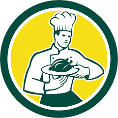 Image showing Chef Cook Serving Chicken Platter Circle Retro