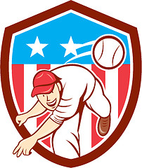 Image showing Baseball Pitcher Outfielder Throwing Ball Shield Cartoon