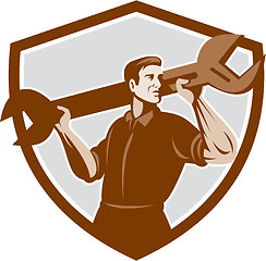 Image showing Mechanic Lifting Spanner Wrench Shield Retro