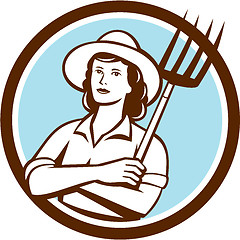 Image showing Female Organic Farmer Pitchfork Circle Retro