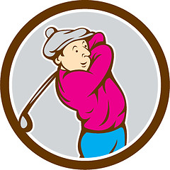 Image showing Golfer Swinging Club Circle Cartoon