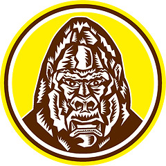 Image showing Angry Gorilla Head Circle Woodcut Retro