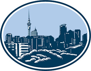 Image showing Auckland City Skyline Woodcut Retro